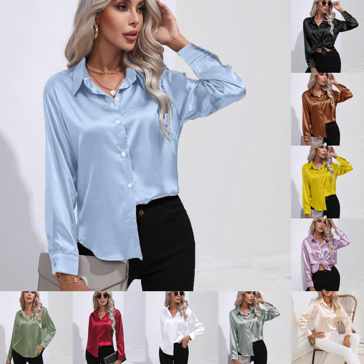 Retro Satin Button-Up Shirt for Women Loose Fit Multi-Color Elegant Office Casual Top Perfect for Autumn and Dance Parties