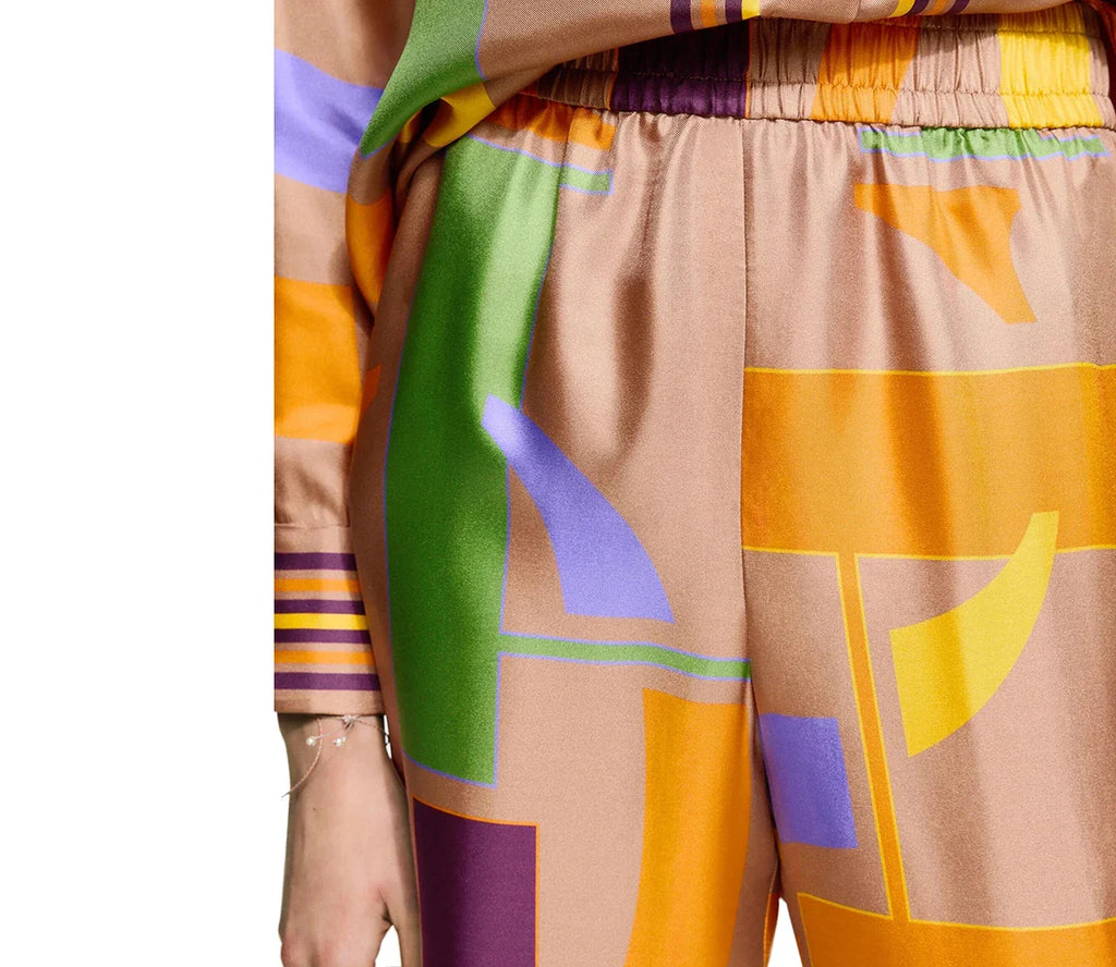 Loose Geometry Print Satin Two-Piece Set for Women with Wide Leg Trousers and Casual Tops