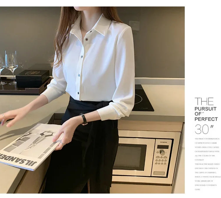 Elegant Satin Long Sleeve Blouse for Women Casual Office Shirt Solid White Basic Top