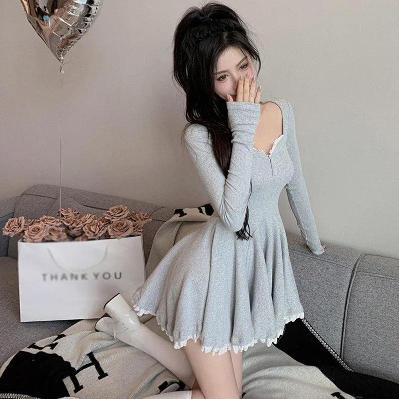 French Style Lace Dress for Women Long Sleeve Waist Dress