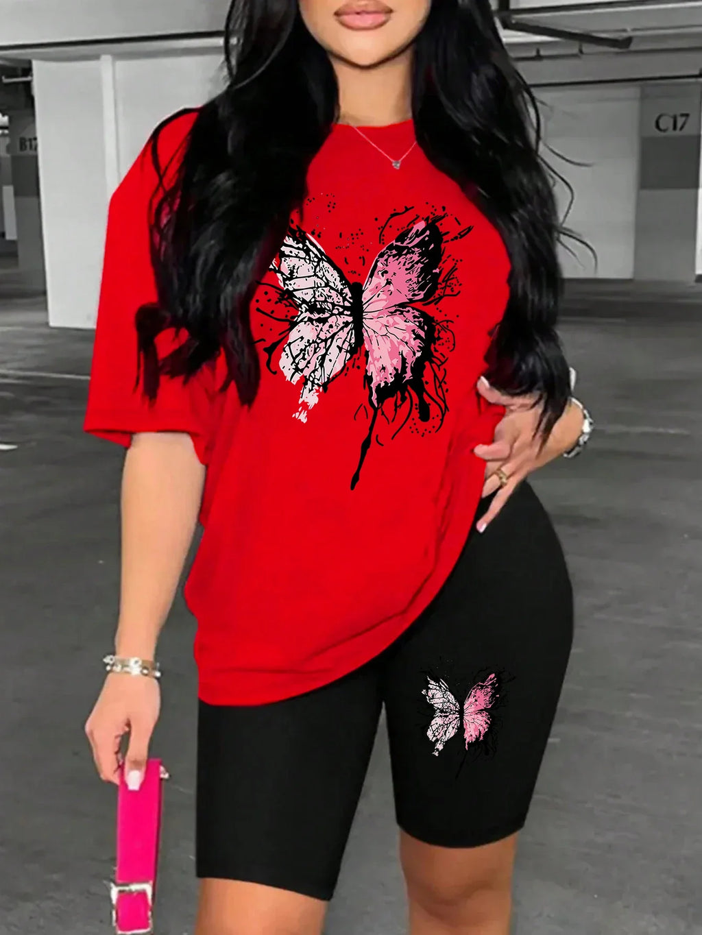 Beautiful Butterfly Print Women's Short Sleeve T-Shirt and Soft Polyester Shorts Two-Piece Set Casual Comfortable Sportswear