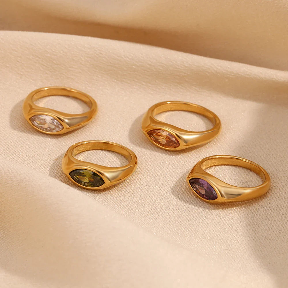 Hypoallergenic 316L Stainless Steel Colorful Horse Eye Zircon Seal Ring with 18K Gold Plating