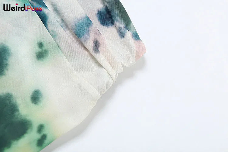 Backless Halter Bandage Tank Top and Mesh Ruffles Tie-Dye Skirt Two-Piece Summer Set for Women