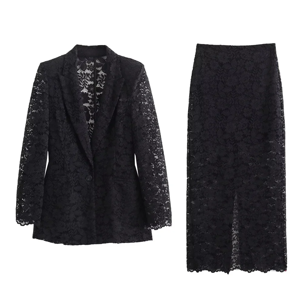 Women's Elegant Lace Suit Jacket and High Waisted Skirt Set Casual Versatile Temperament Fashion Ensemble