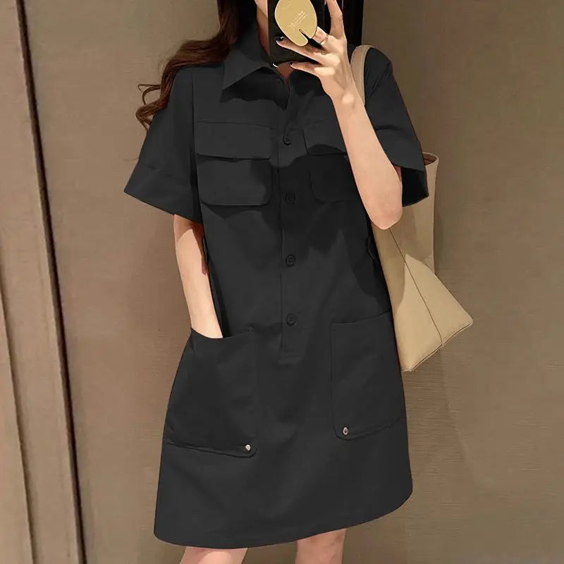 Korean Style Cargo Sundress With Pockets Knee Length