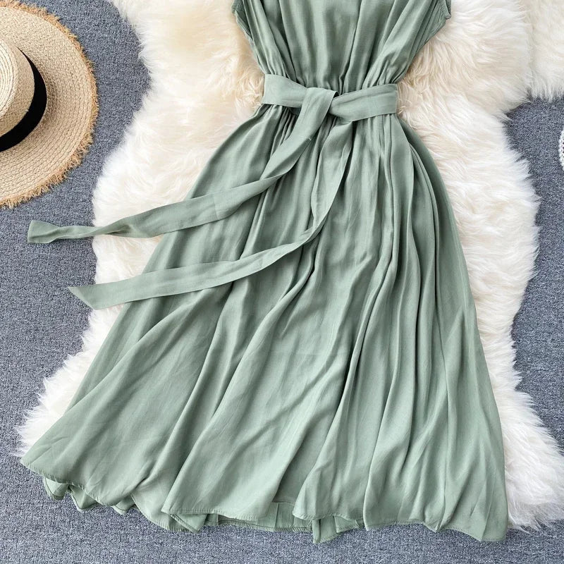 Sleeveless Summer Dress Solid Colors Green Blue Yellow Casual