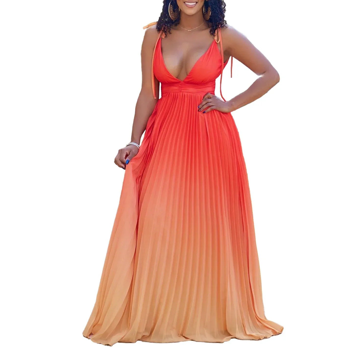 Maxi Dress Spaghetti Strap Pleated Deep V Neck Party