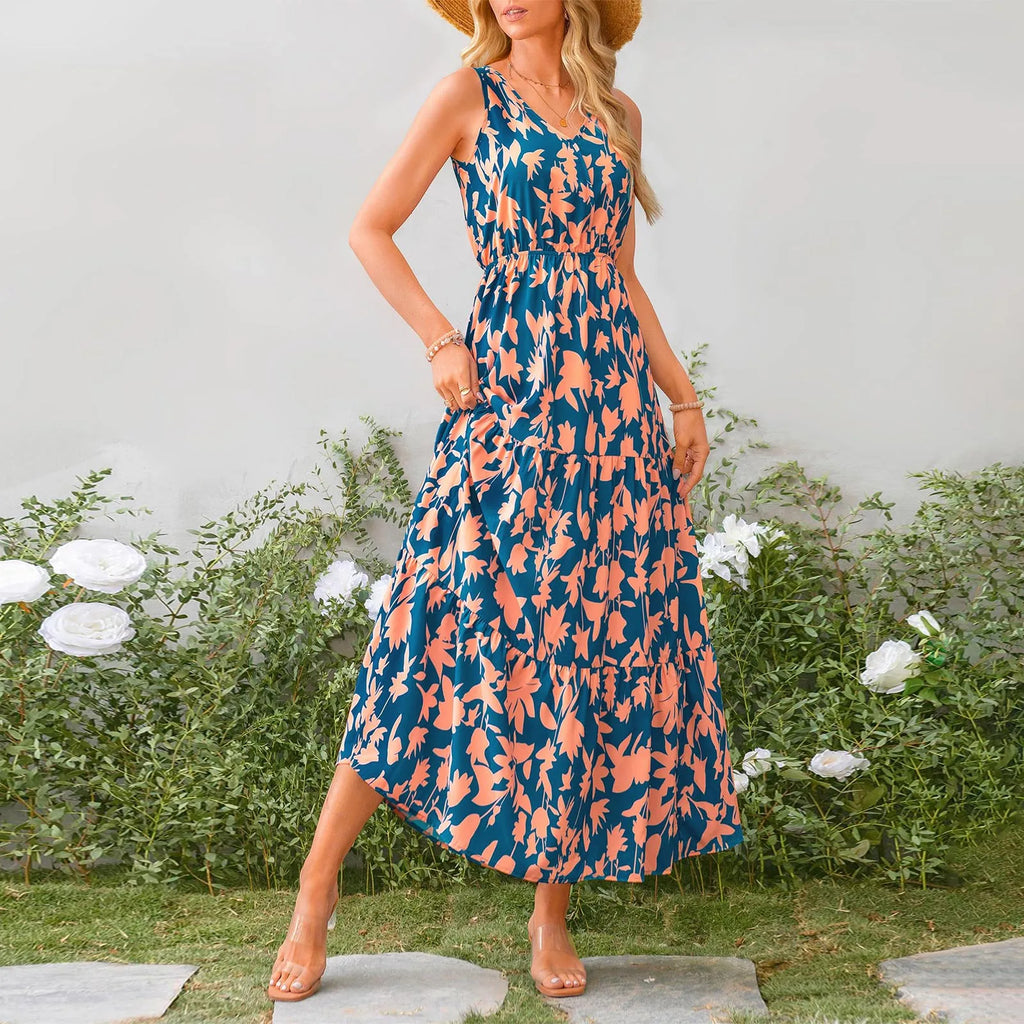 Floral Summer Dress With V Neck Suspender Flowing Fit