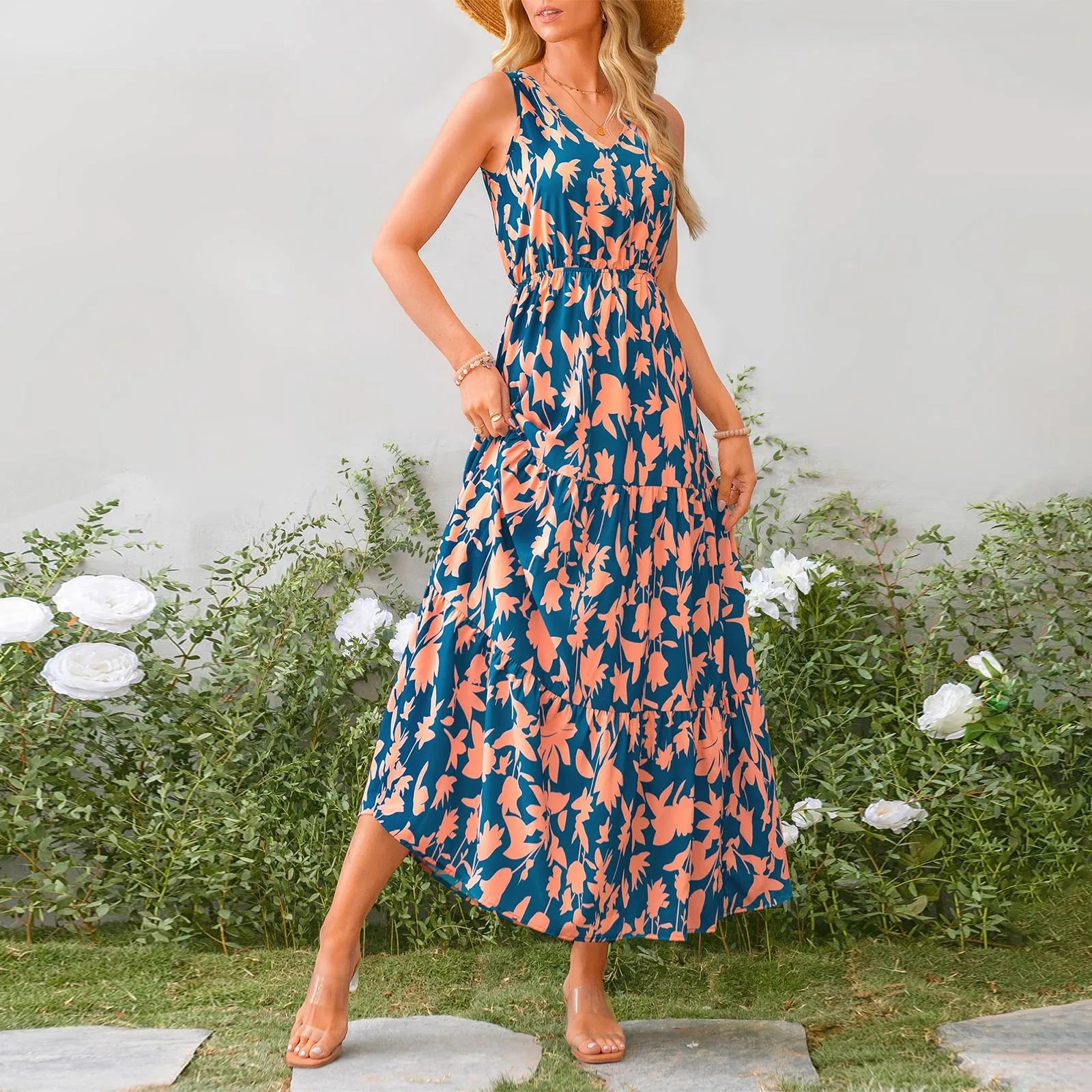 Floral Summer Dress With V Neck Suspender Flowing Fit