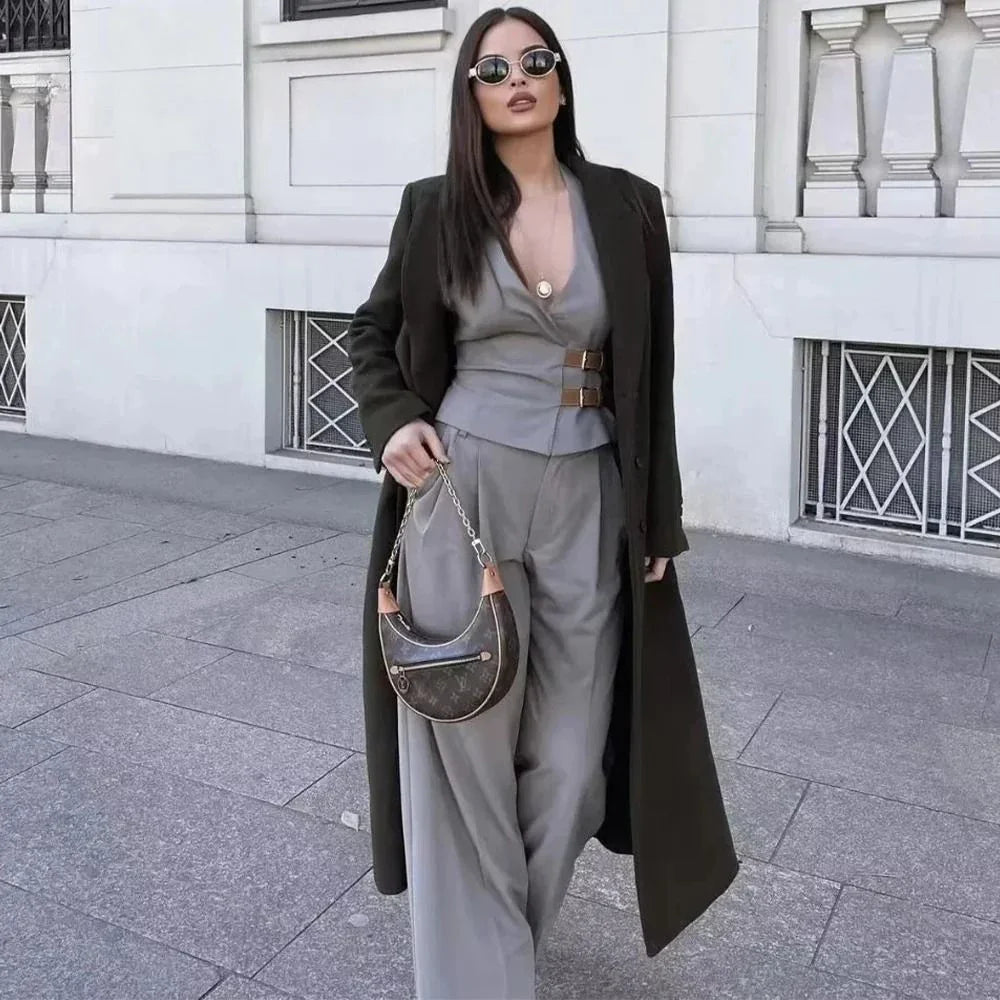 Women's Two-Piece Suit Set with Belt Halter V-Neck Top and High-Waisted Pleated Pants