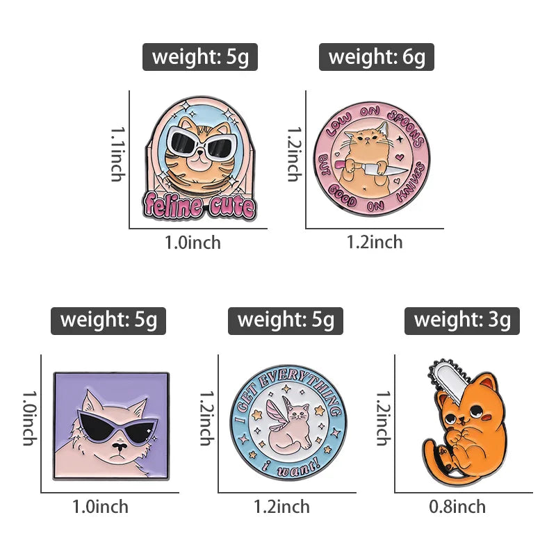 Cute Cat Enamel Pins Set of 4 to 6 Black Fluid Cat Brooches Lapel Badges Unique Animal Jewelry Gift