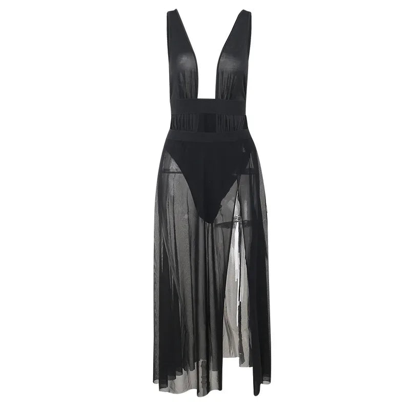 Sheer Beach Cover Up Vest Dress With V Neck Split Detail