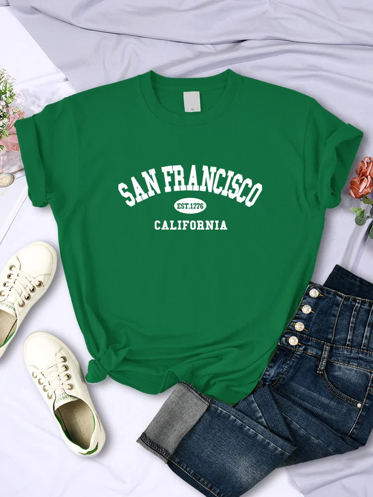 San Francisco California Letter Print Casual Women T-Shirt Short Sleeve Soft Breathable Tee
