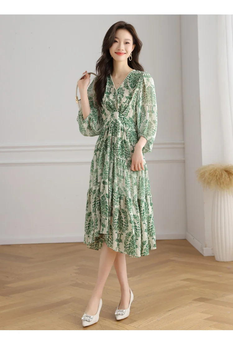 Floral Chiffon Dress For Women V Neck A Line Dress