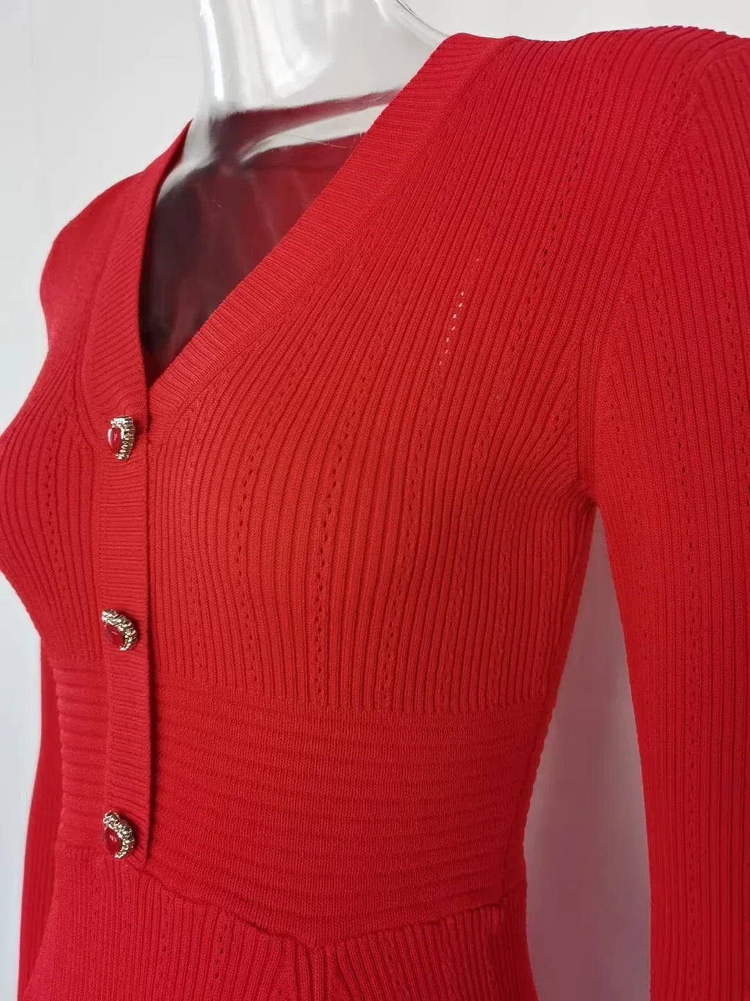 Knitted Long Sleeve V Neck Button Party Dress for Autumn