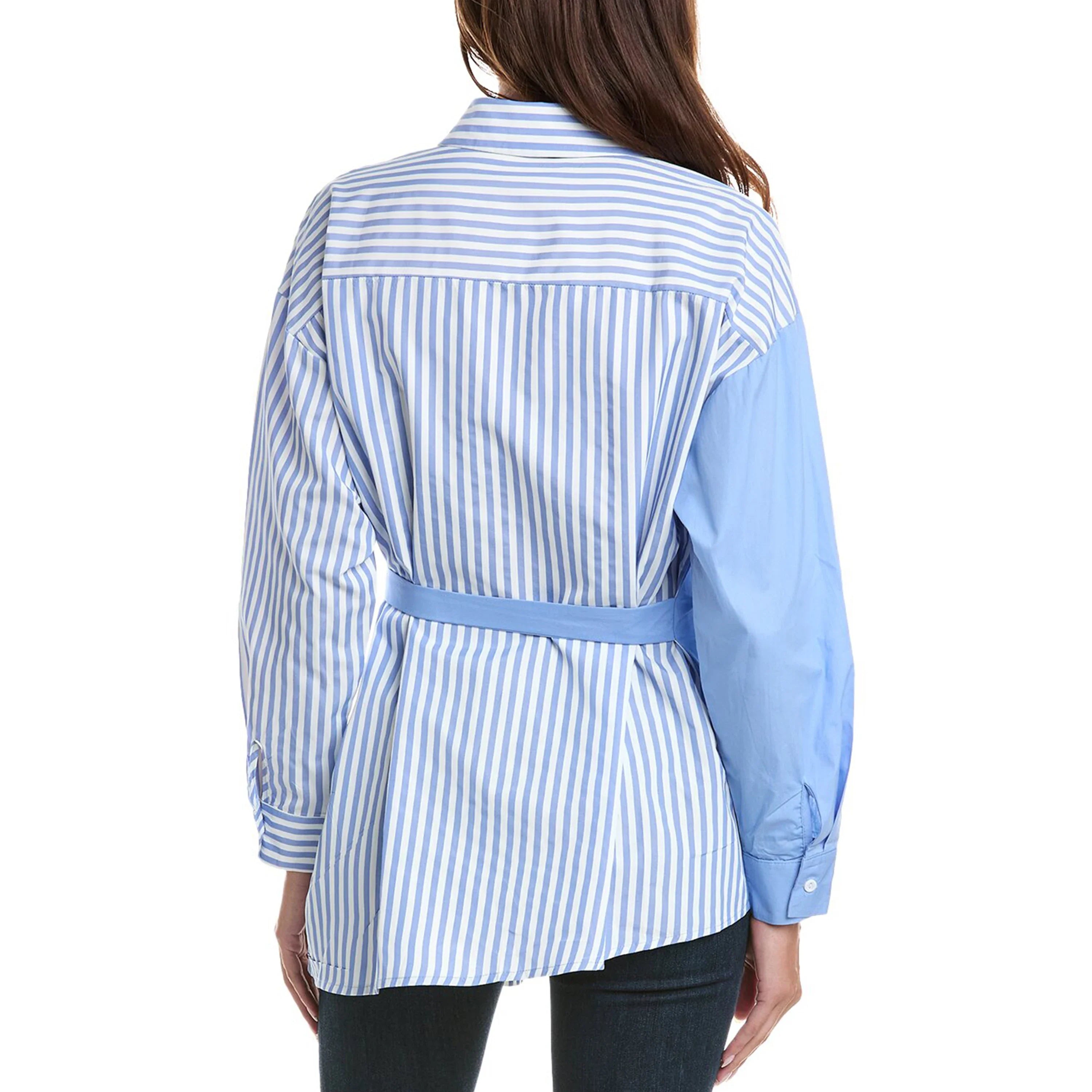 Stylish Lapel Collar Button-Down Striped Long Sleeve Blouse for Women Casual Irregular Hem Vintage Shirt