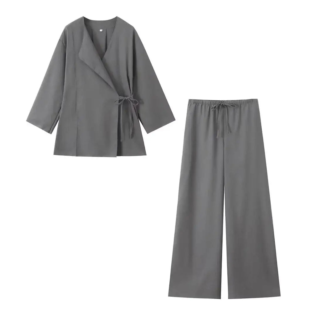 Casual Chic Solid Two Piece Women Set with Long Sleeve Kimono Jacket and Pants Nightwear Suit