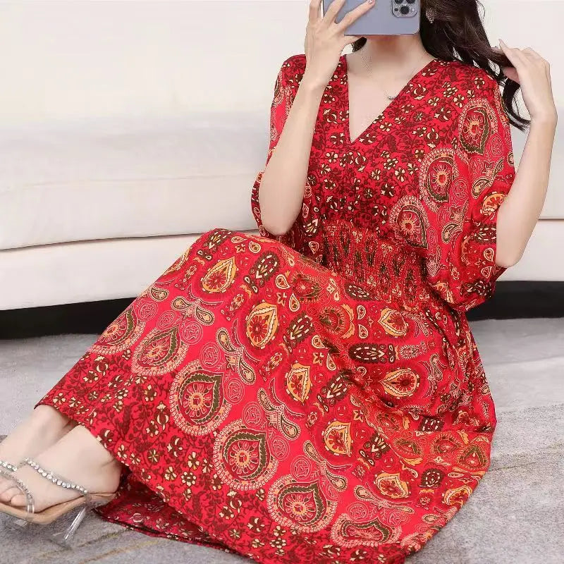 Chic Womens V Neck Vintage Boho Print A Line Dress Style