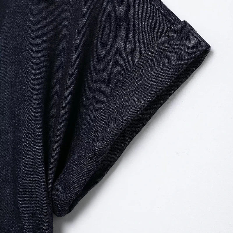 Denim Pleated Midi Dress Blue Short Sleeves Lapel Neck