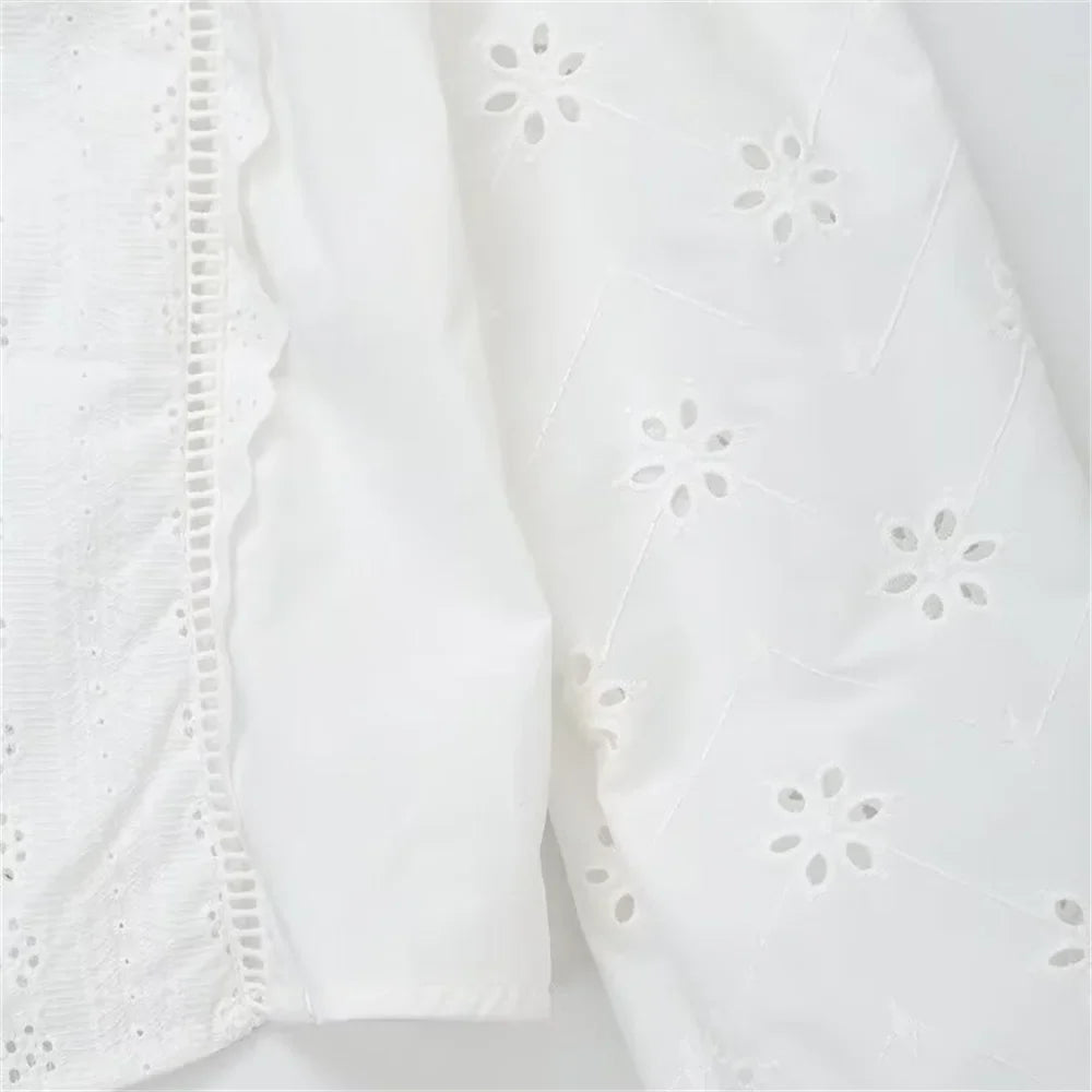 Women's Single Breasted Round Neck Lantern Sleeve Embroidered Hollow Shirt with Elegant Design and Slimming Fit