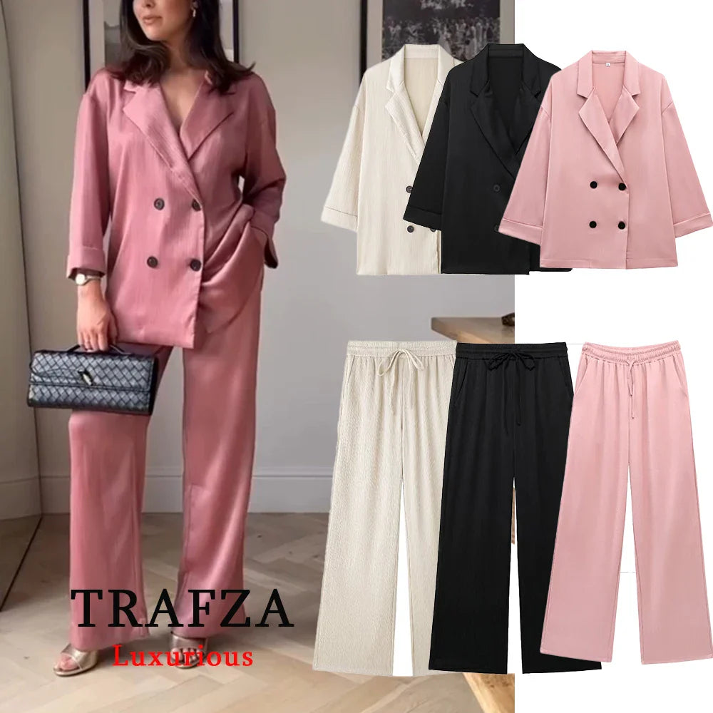 Chic Vintage Pink Loose Blazer and High Waist Wide Leg Pants Set for Women