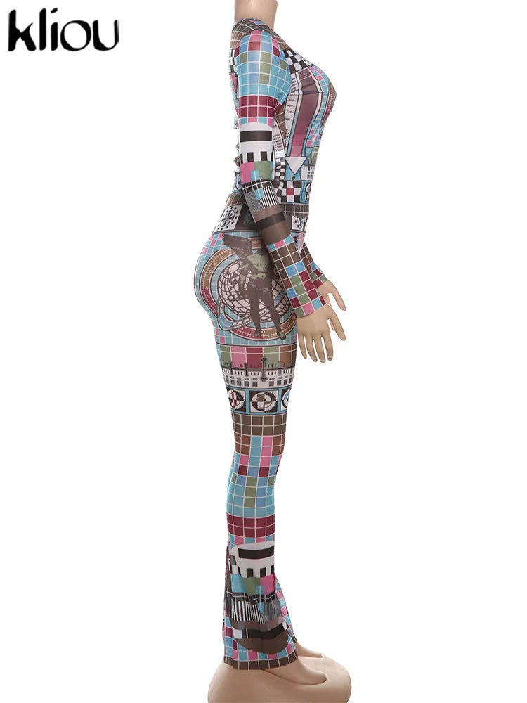 Aesthetic Print Women 2 Piece Set Vintage Hipster Autumn O-neck Full Sleeve Tops and High Waist Pants Clubwear