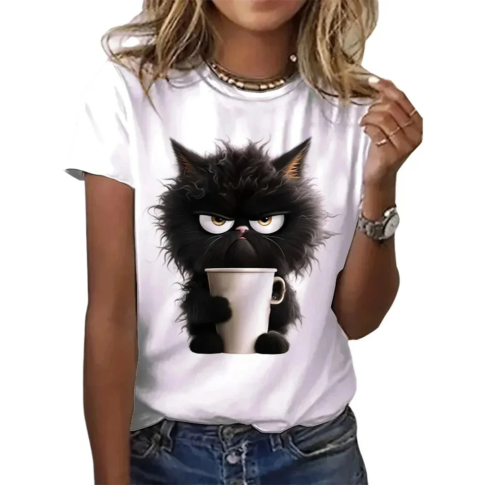 Funny Cat Print Women Summer T-Shirt Casual Short Sleeve O Neck Top for Animal Lovers