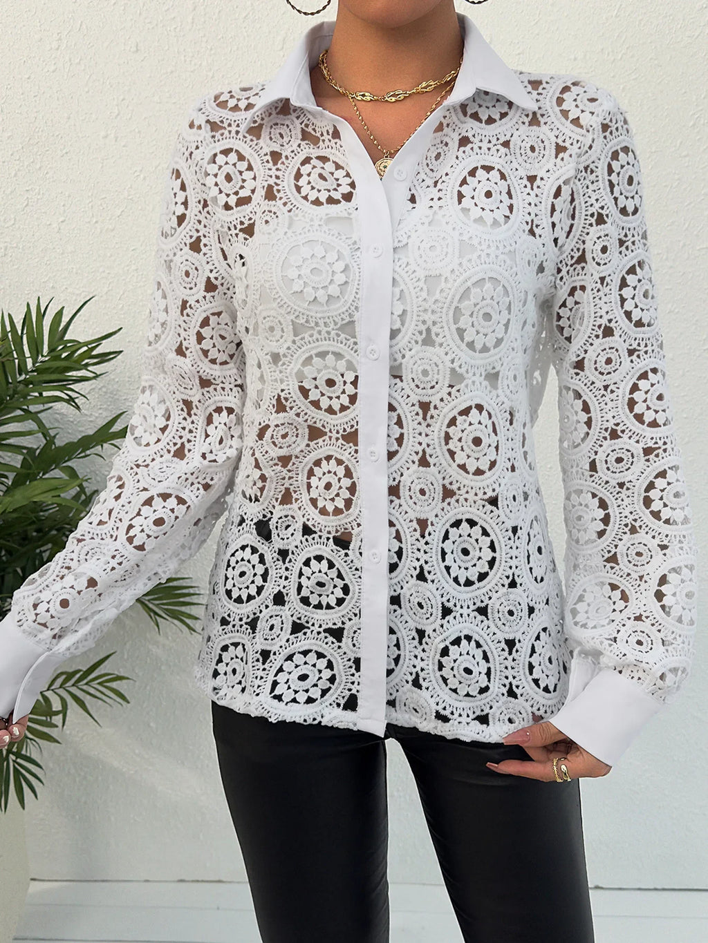 Women's Paisley Lace Button Front Blouse Hollow Out Long Sleeve Lightweight Top for Spring and Summer