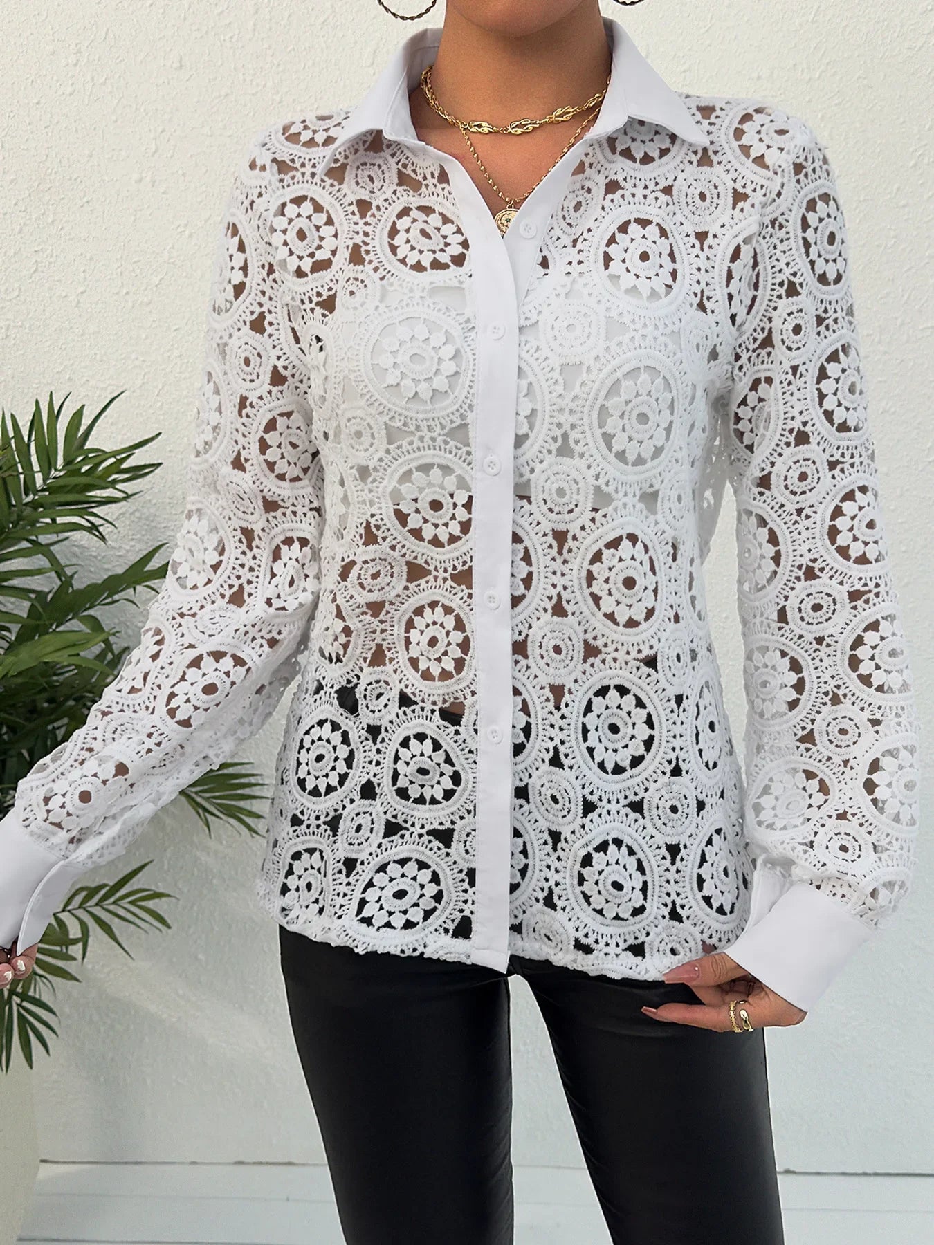 Women's Paisley Lace Button Front Blouse Hollow Out Long Sleeve Lightweight Top for Spring and Summer