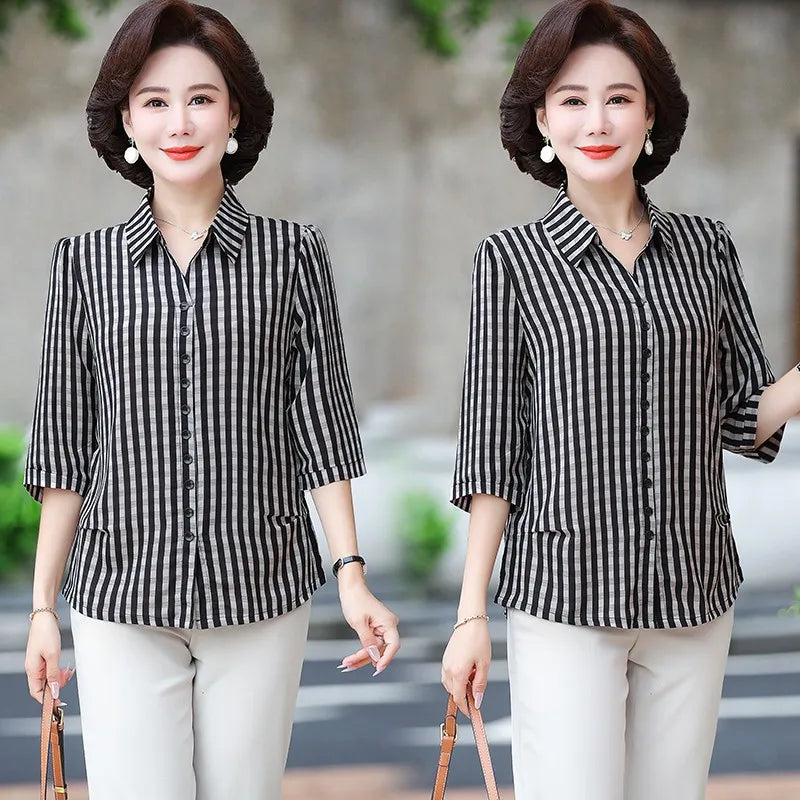 Elegant Plaid Print Loose Fit Button Down Shirt for Women with Turn Down Collar and Casual Half Sleeves Versatile Ladies Blouse Top for Everyday Wear