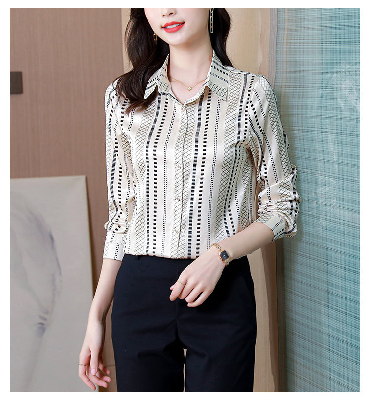 Elegant Satin Women Blouse Long Sleeve Button Up Shirt Vintage Office Lady Print Top