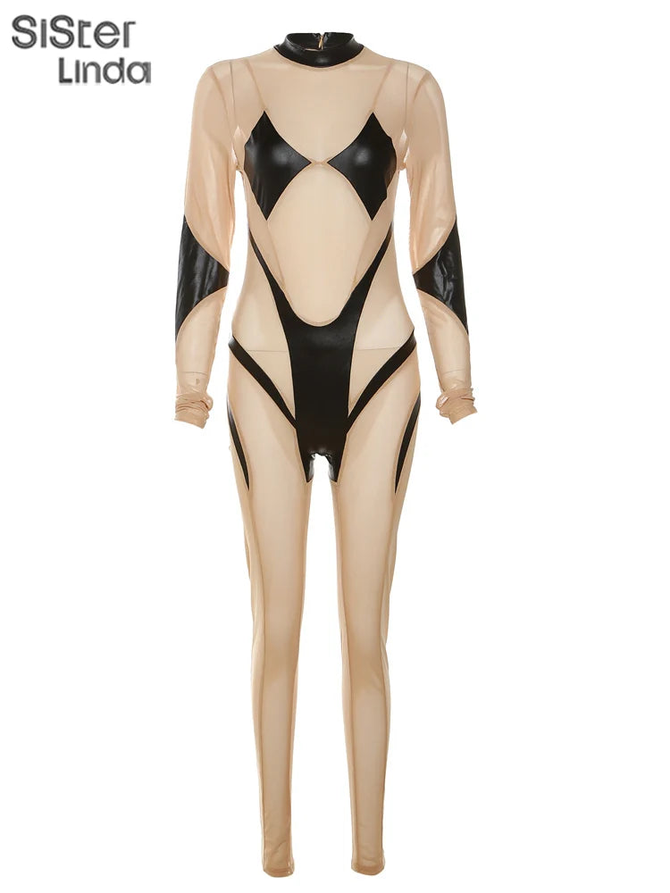 Sexy Mesh Patchwork Long Sleeve Skinny See-Through Zip One-Piece Jumpsuit for Women Party Clubwear