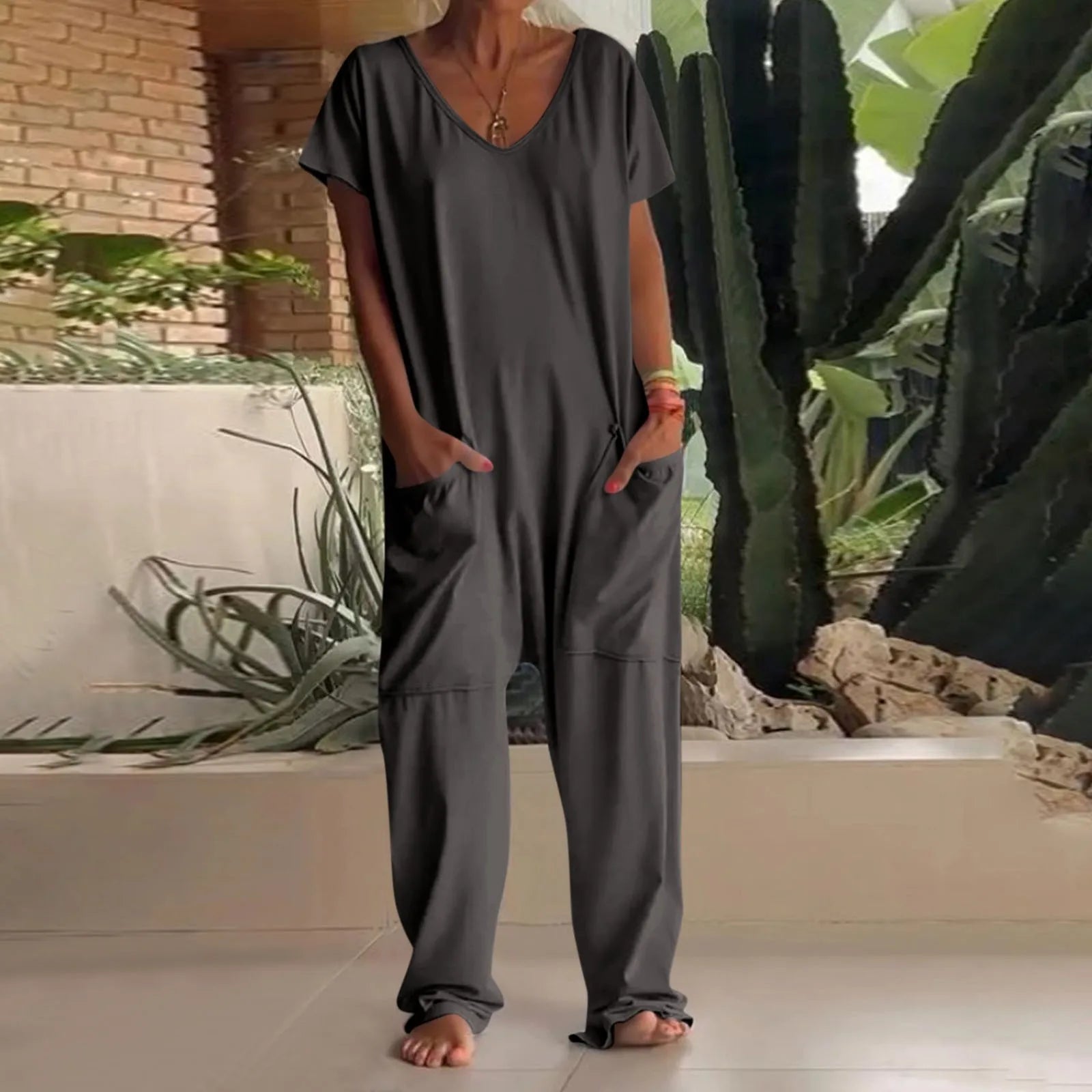 Women's Casual Short Sleeve Pullover Jumpsuit Loose Fit with Pockets Comfortable Lightweight Bodysuit Trendy Summer Romper