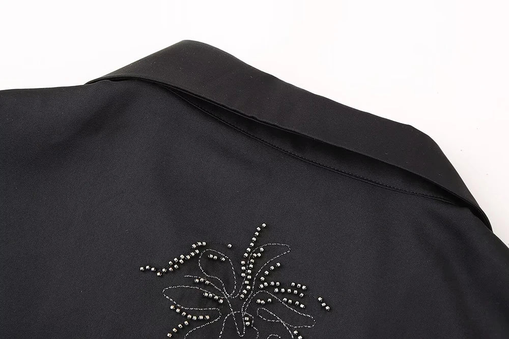 Women's Beaded Embroidery Long Sleeve Shirt and Loose Trousers Set with Lace Up Details