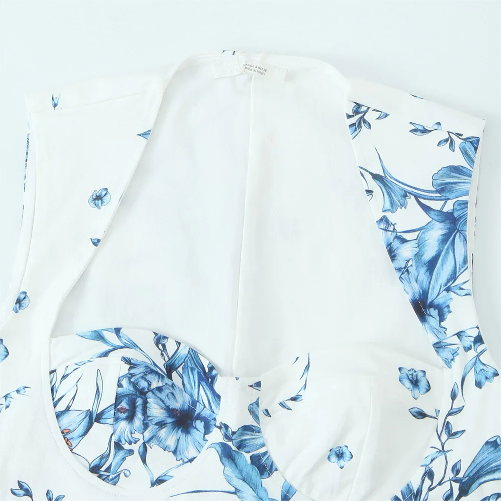 Women's Sleeveless Floral Print Crop Top and Midi Skirt Set in White with Blue Flowers for Chic Summer Style