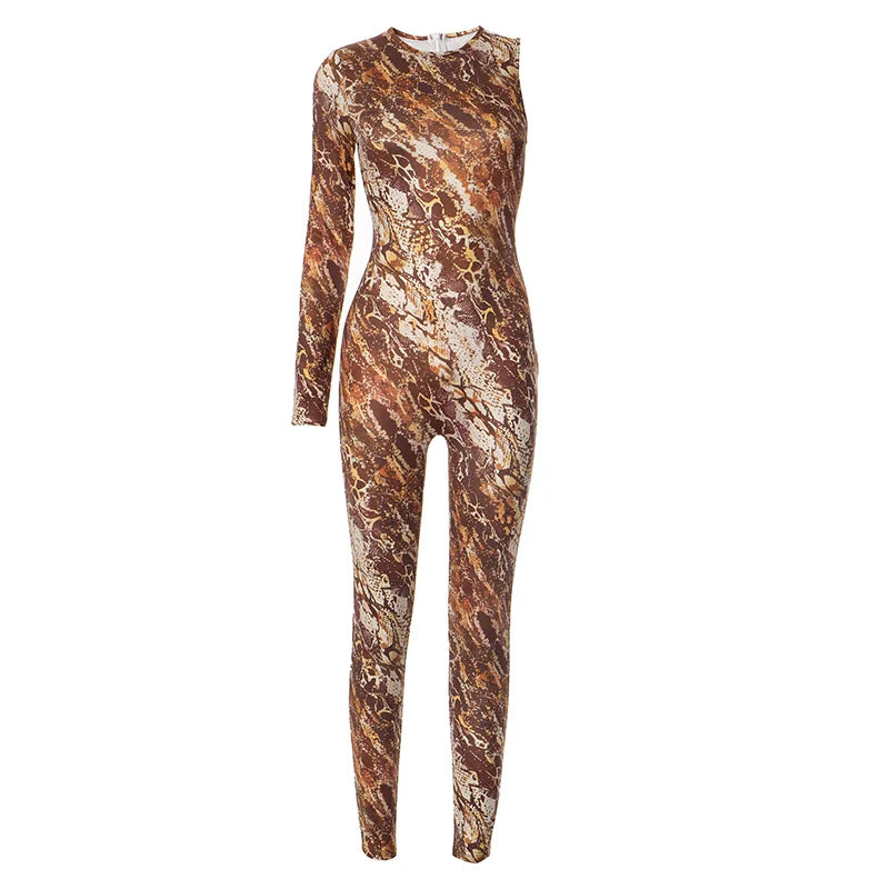 Brown Single Shoulder Long Sleeve Snake Print Jumpsuit for Women with Back Zipper Sexy One Piece Romper