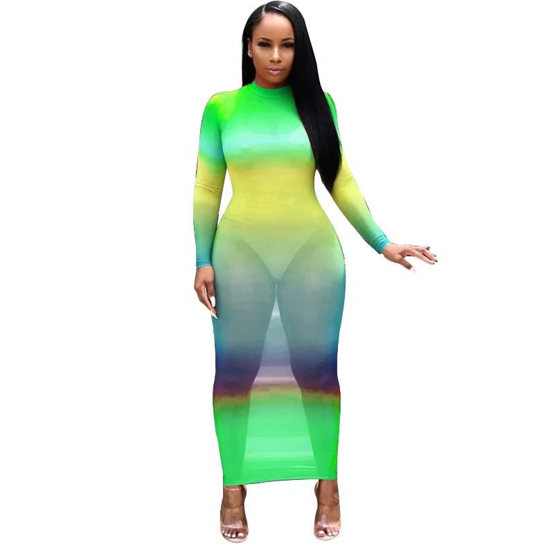Rainbow Gradient Sheer O Neck Dress For Clubwear Nights