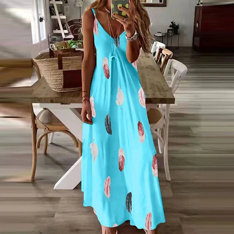 Feather Print Maxi Dress V Neck All Season Comfort Stretch