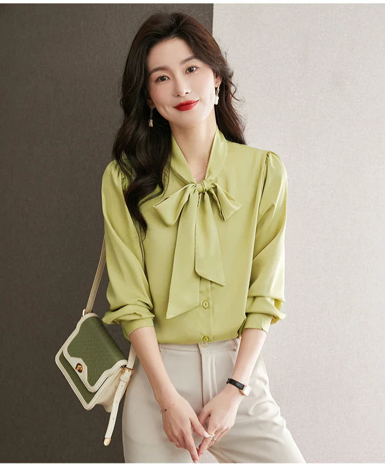 Elegant Women's Long Sleeve Blouse with Bow Collar Casual Loose Fit White Office Shirt Top