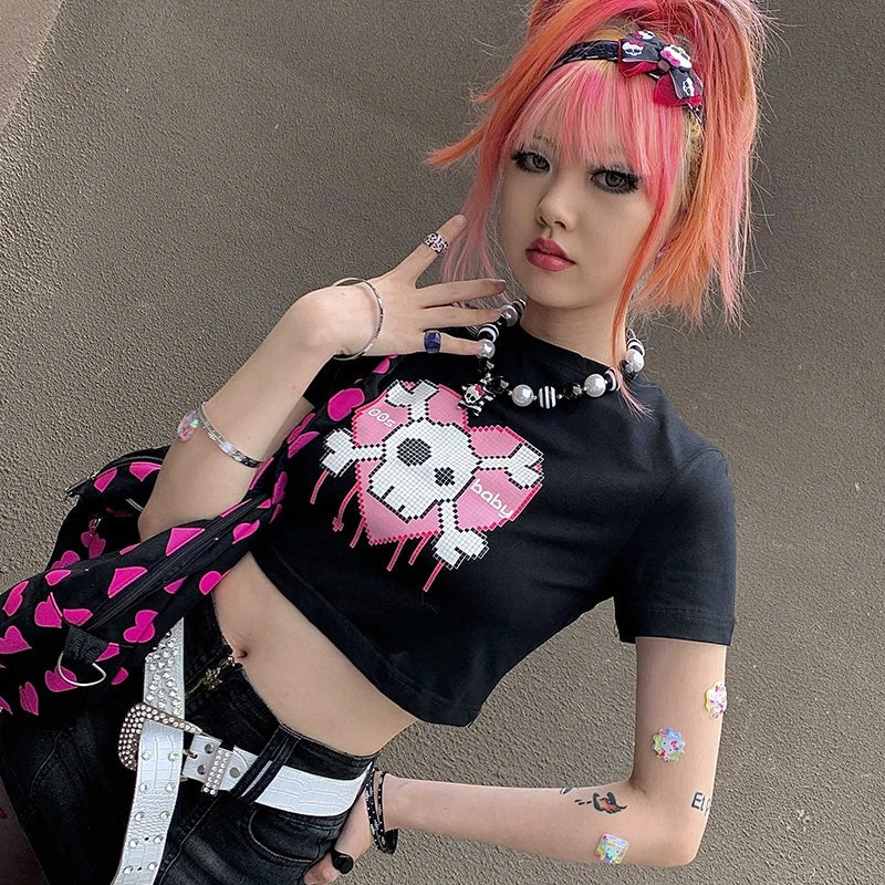 Y2K Summer Gothic Slim Fit Women Crop Top Punk Grunge Streetwear Tee