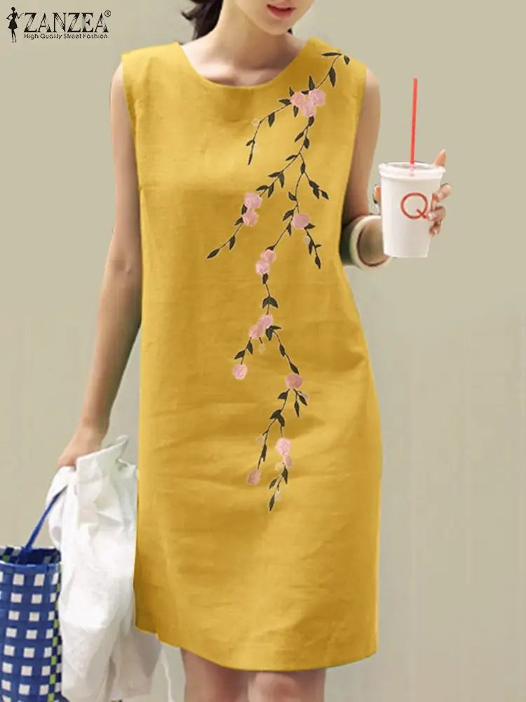 Floral Embroidery Cotton Sleeveless Sundress Boho Beach Dress