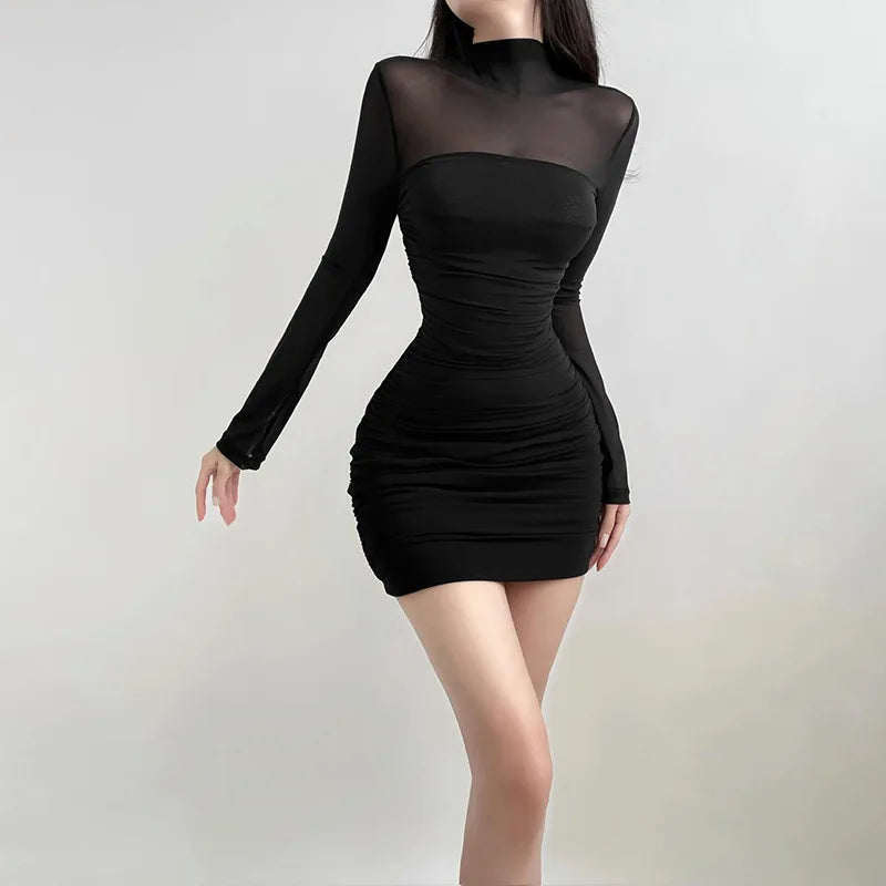 Sheer Black Bodycon Dress For Women Long Sleeve Patchwork