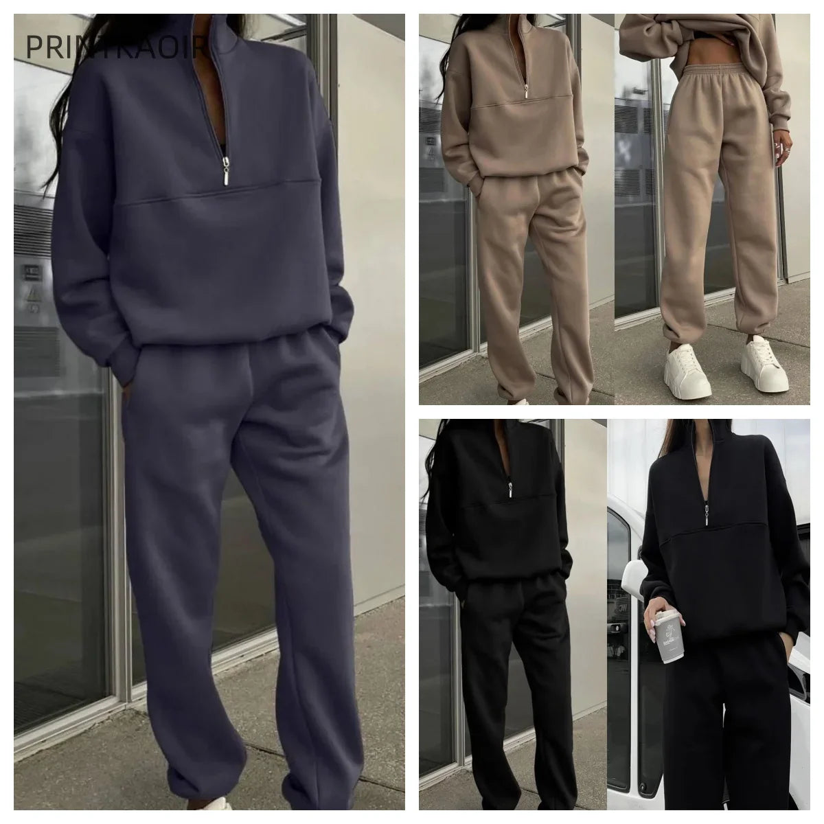 Casual Fleece Two Piece Tracksuit Set for Women with Long Sleeve Hoodie and Trousers