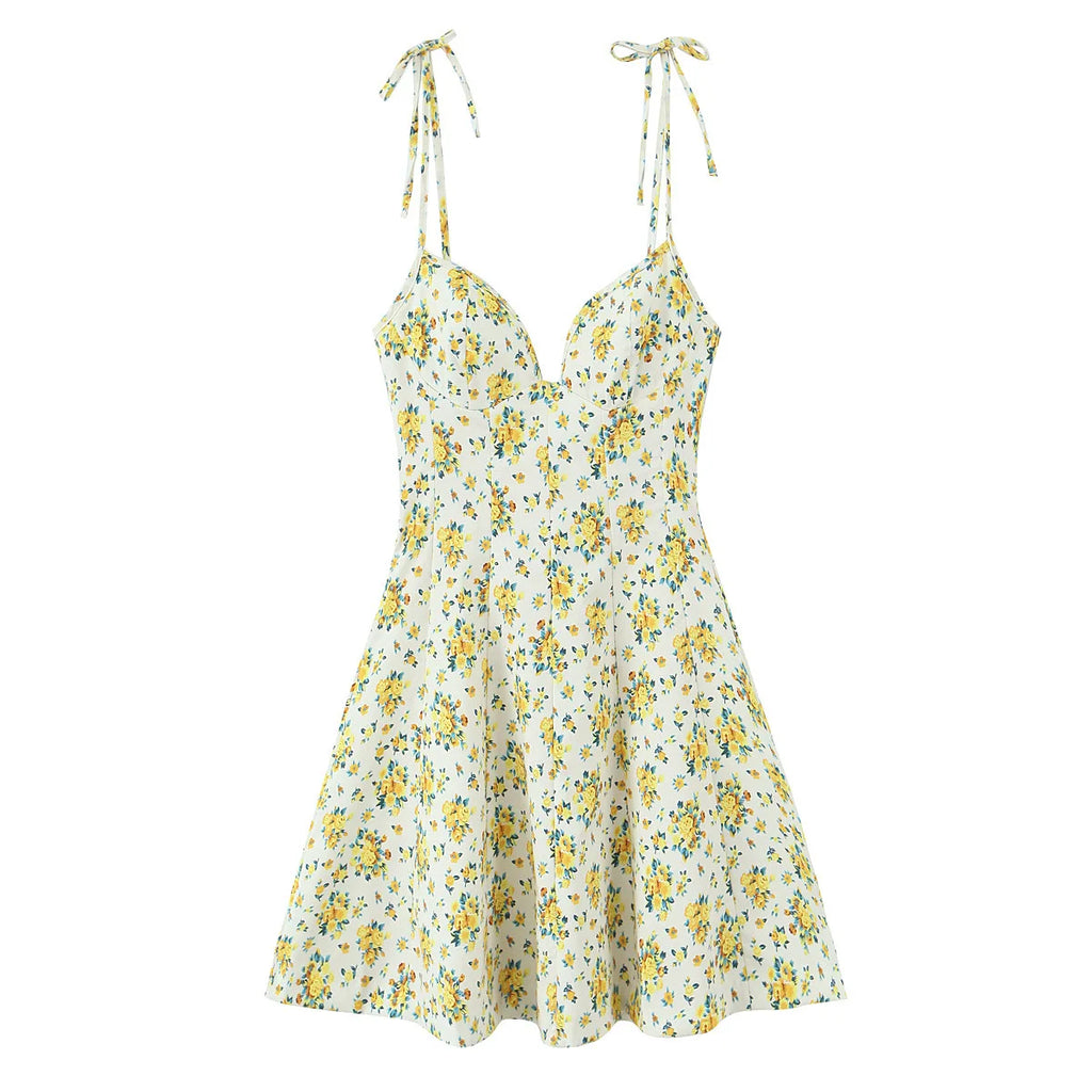 Floral Slip Dress With Bow Lace Up Sleeveless Mini Dress