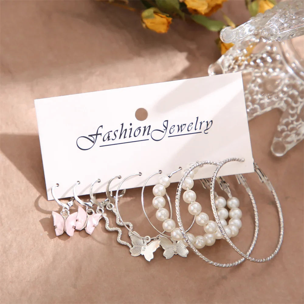 Fashion Silver Color Round Pearl Hoop Earrings Set for Women with Snake and Butterfly Dangle Design