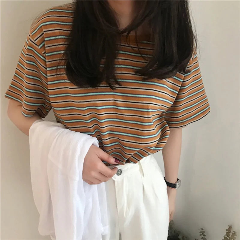 Korean Loose Striped T-shirts for Women Short Sleeves Round Neck Casual Top