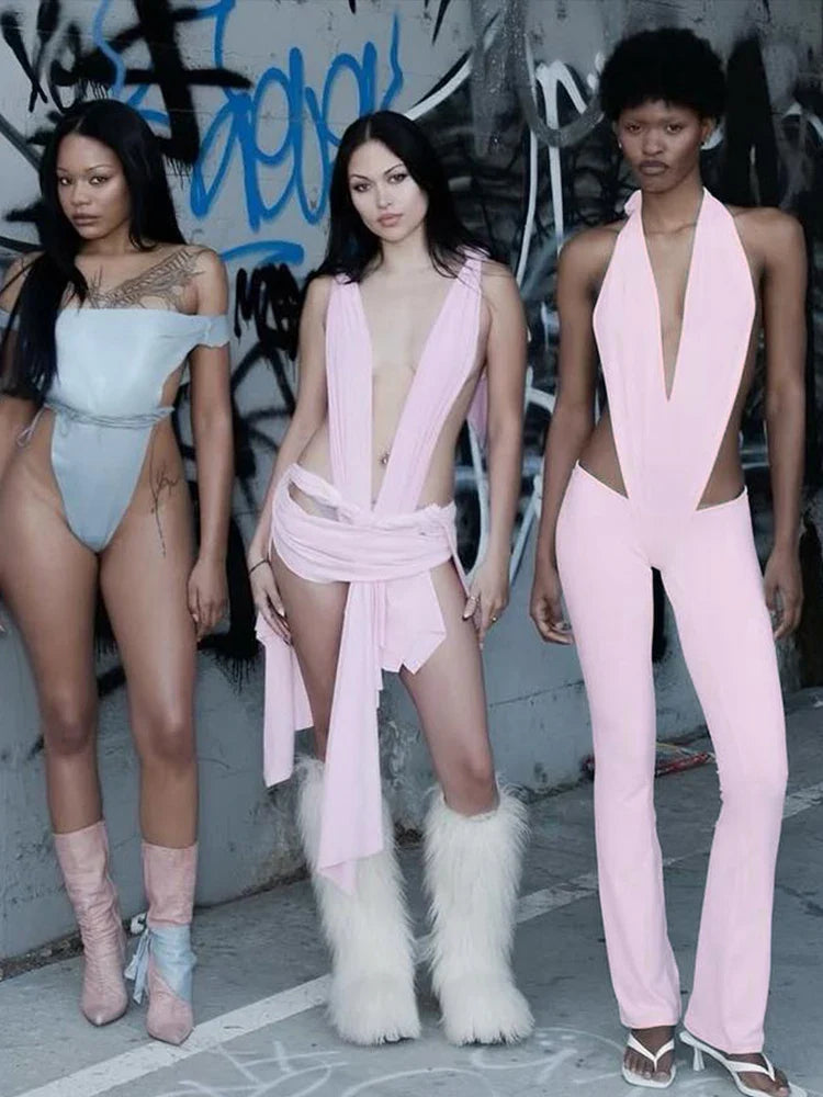 Backless Irregular Hollow Bandage Jumpsuit for Women Deep V-Neck Halter Skinny Stretch Sexy Hipster Streetwear