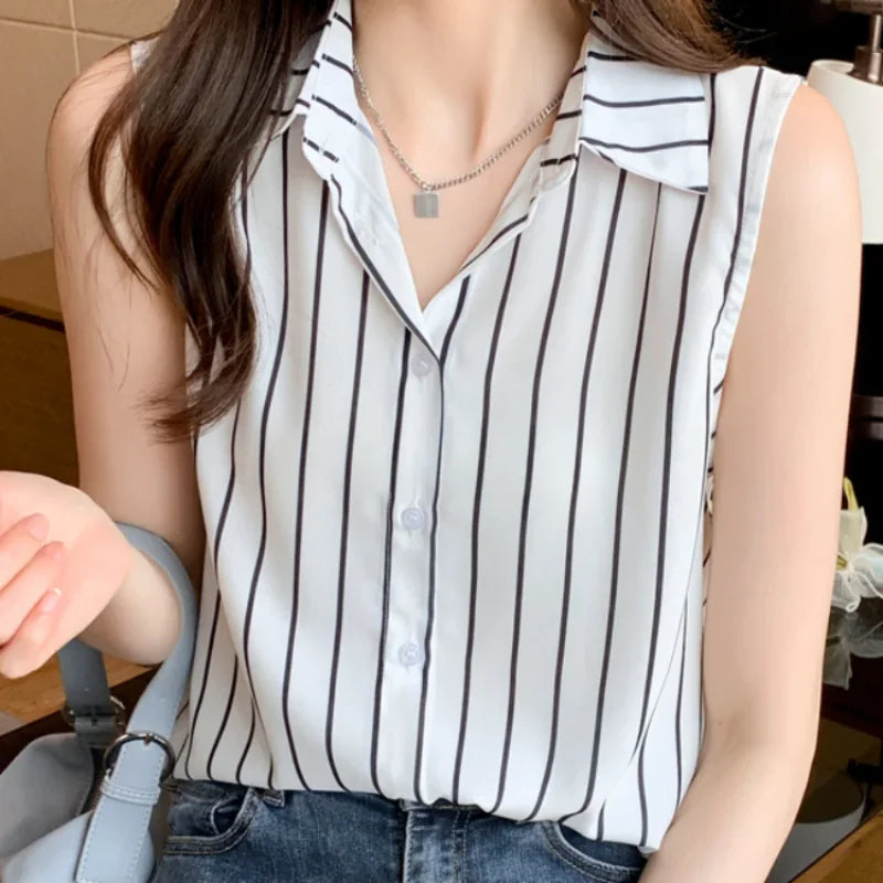 Striped Sleeveless Chiffon Blouse for Women Summer Vest Casual Lightweight Tops Basic White Shirt