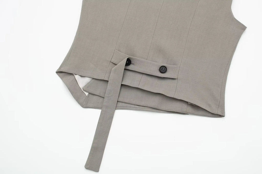 Women's Solid Grey Two Piece Set with Sleeveless Asymmetrical Vest and High Waist Wide Leg Trousers Casual Outfit