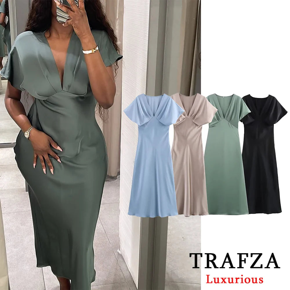 Satin V Neck Long Dress For Women Elegant Party Gown